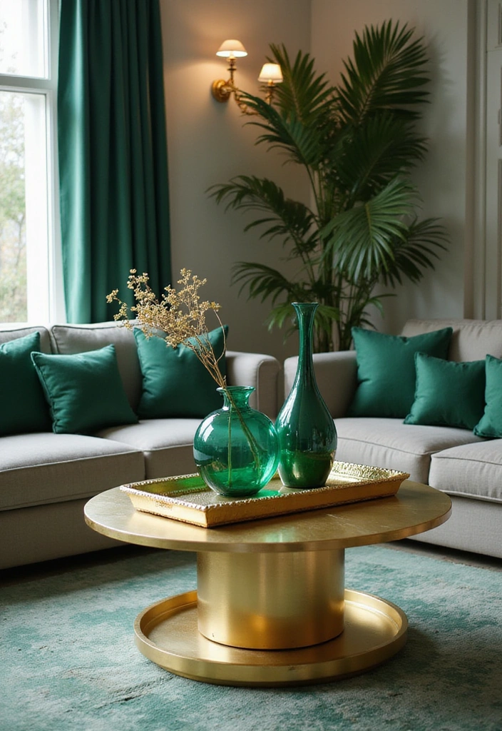 27 Emerald Green and Gold Living Room Ideas - 6. Gold Coffee Table with Emerald Green Accents