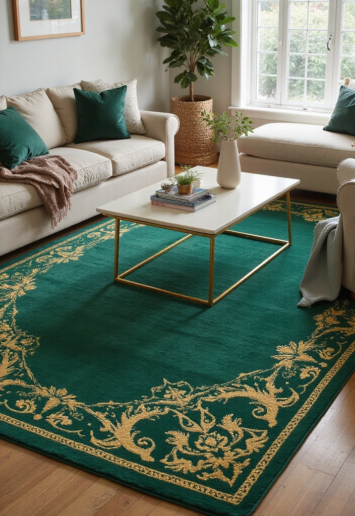 27 Emerald Green and Gold Living Room Ideas - 7. Emerald Green Area Rug with Gold Patterns