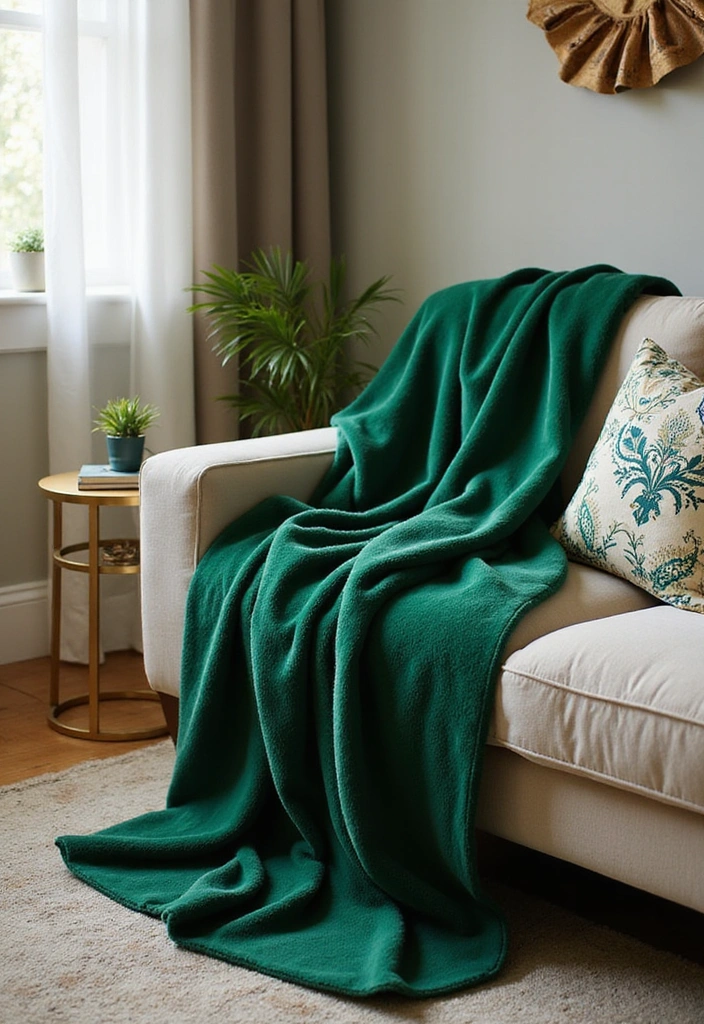27 Emerald Green and Gold Living Room Ideas - 9. Emerald Green Decorative Throws