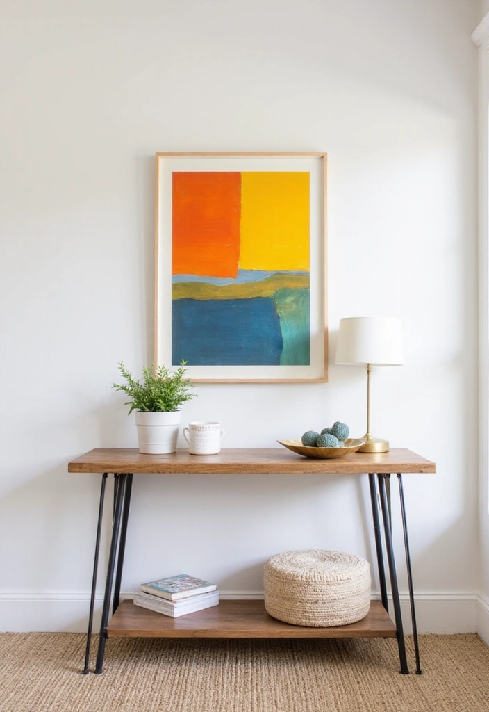 27 Entryway Table Decor Ideas for a Minimalist Home - 20. Bright Colorful Art