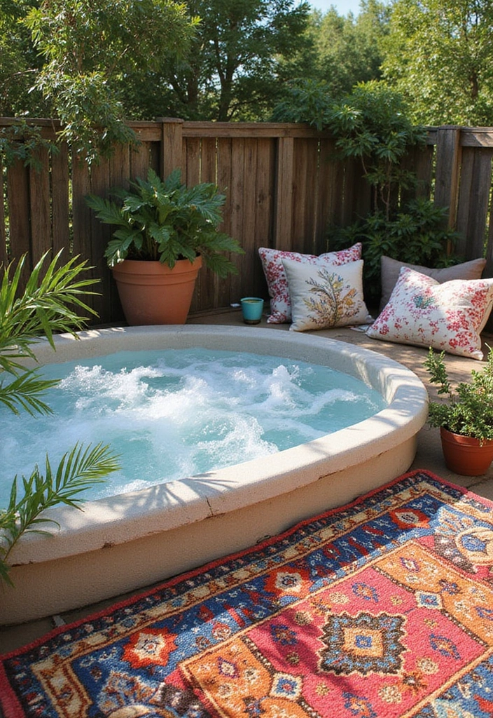 27 Hot Tub Privacy Ideas - 16. Artistic Outdoor Rugs