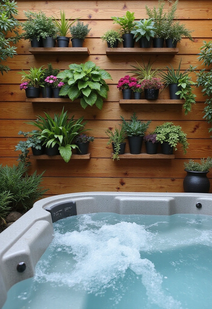 27 Hot Tub Privacy Ideas - 20. Floating Plant Shelves