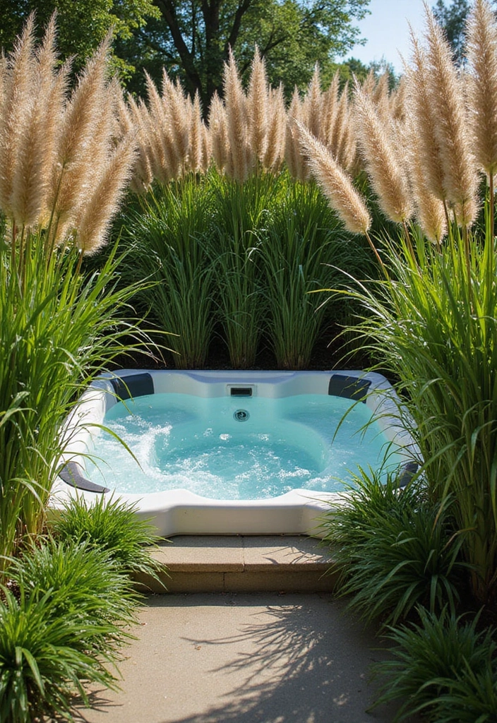 27 Hot Tub Privacy Ideas - 6. Ornamental Grasses