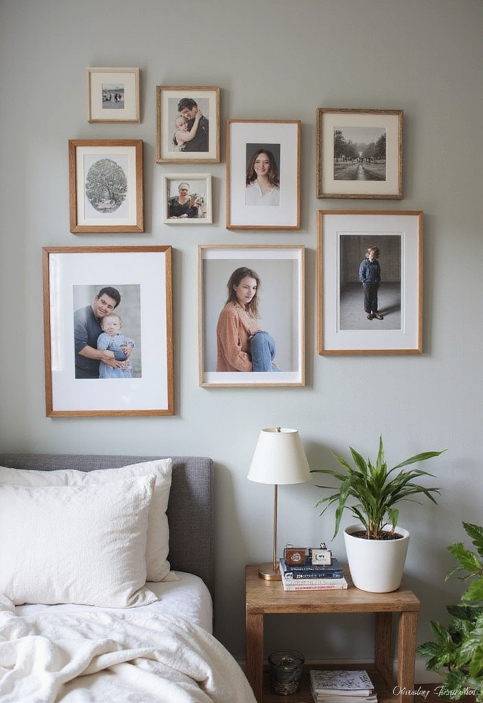 27 Picture Wall Ideas for Bedroom - 10. Mix of Art and Personal Photos