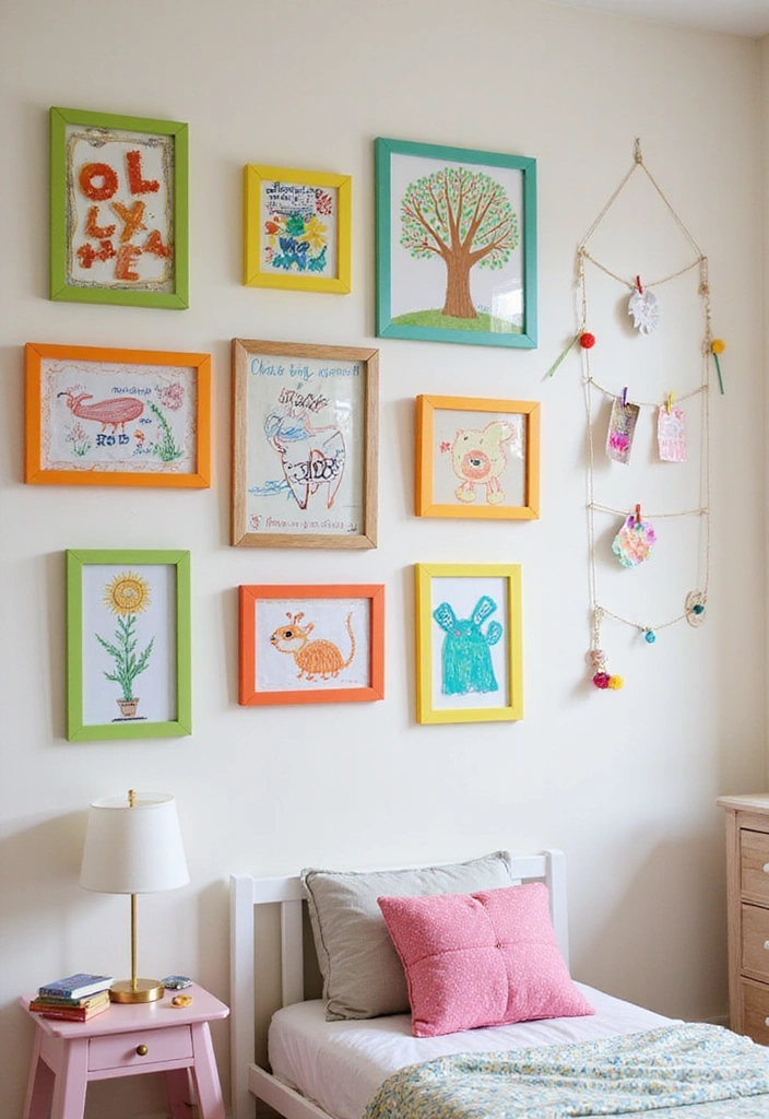 27 Picture Wall Ideas for Bedroom - 14. Artistic Display of Kids’ Artwork