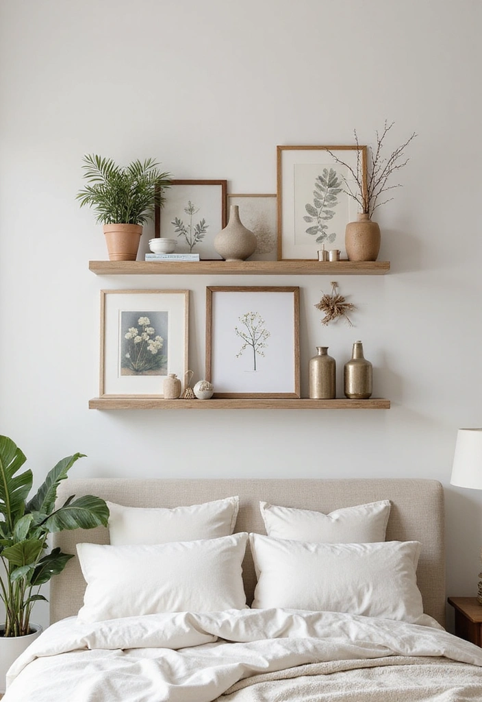 27 Picture Wall Ideas for Bedroom - 20. Layered Art with Shelving