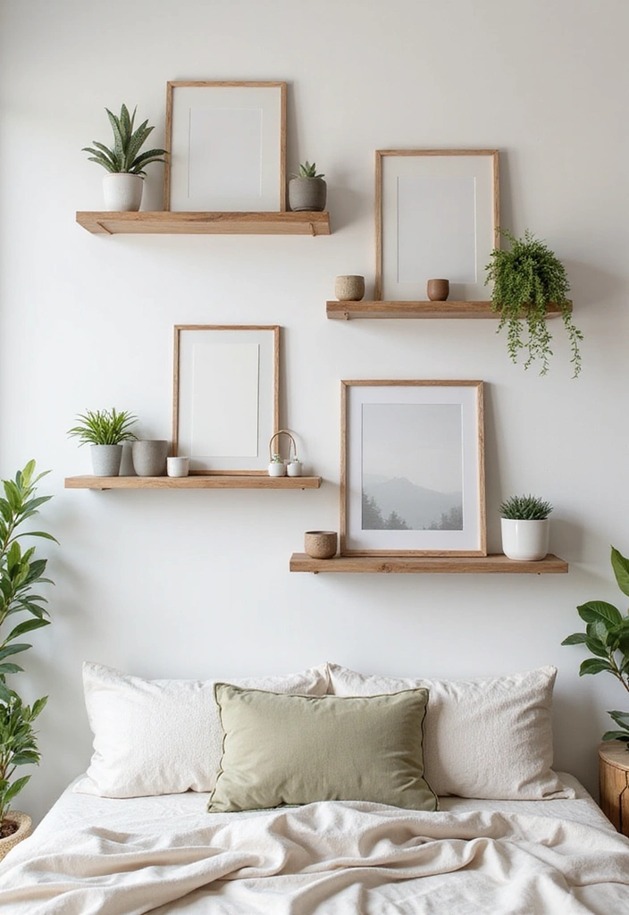27 Picture Wall Ideas for Bedroom - 3. Floating Shelves with Art