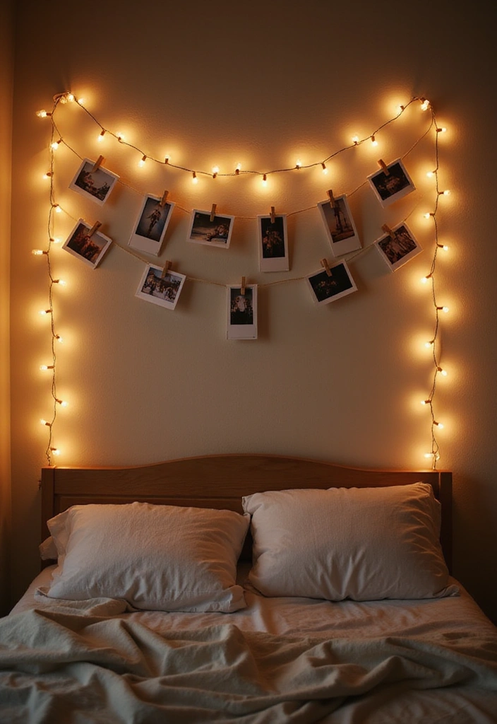 27 Picture Wall Ideas for Bedroom - 6. DIY Photo Wall with String Lights