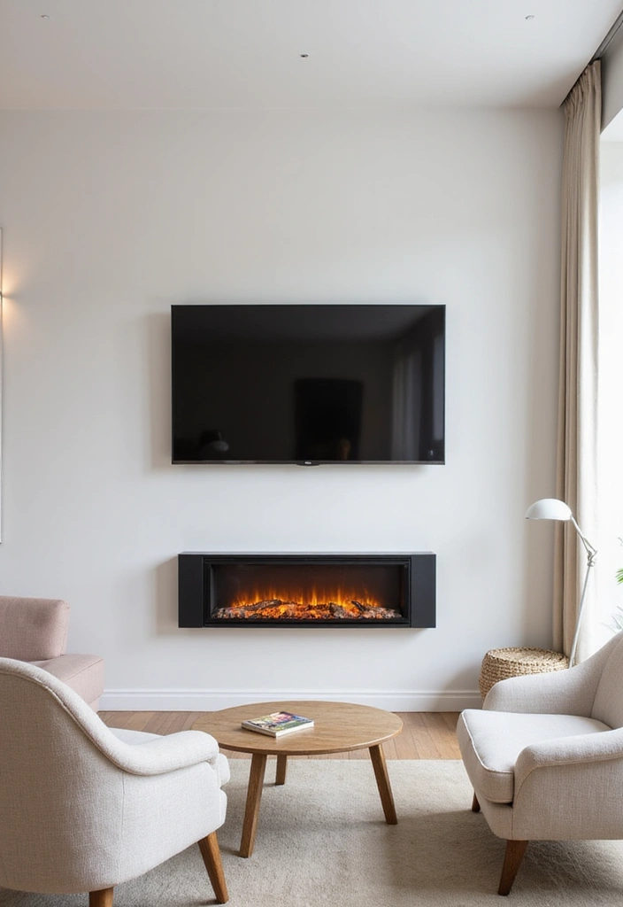 27 Small Living Room Ideas with TV and Fireplace - 1. Minimalist Serenity
