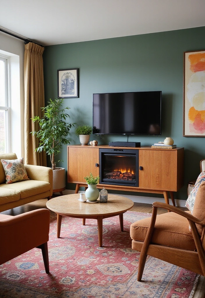 27 Small Living Room Ideas with TV and Fireplace - 10. Mid-Century Modern