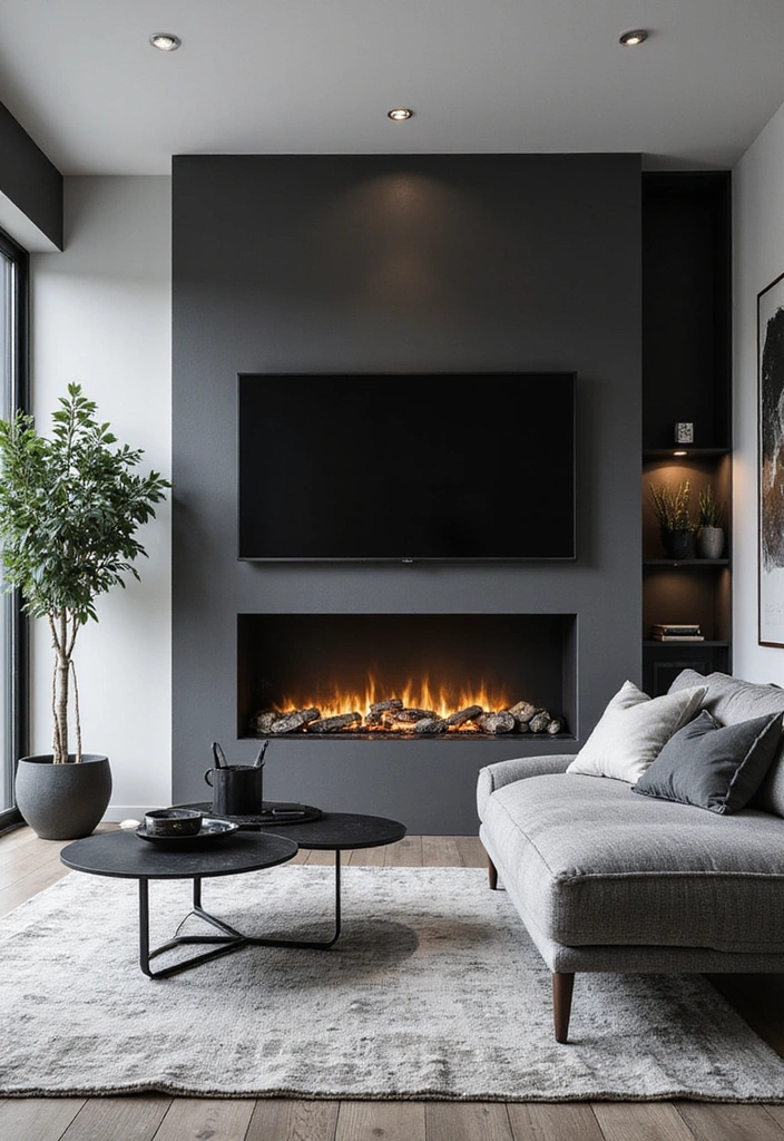 27 Small Living Room Ideas with TV and Fireplace - 11. Elegant Monochrome