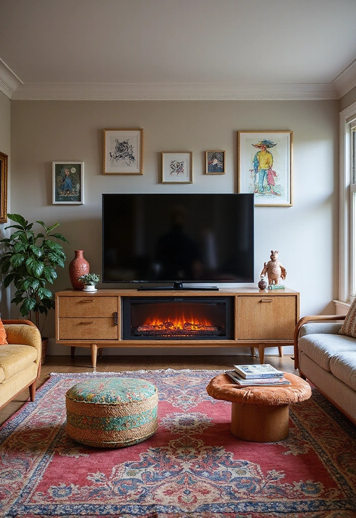 27 Small Living Room Ideas with TV and Fireplace - 18. Artistic Flair