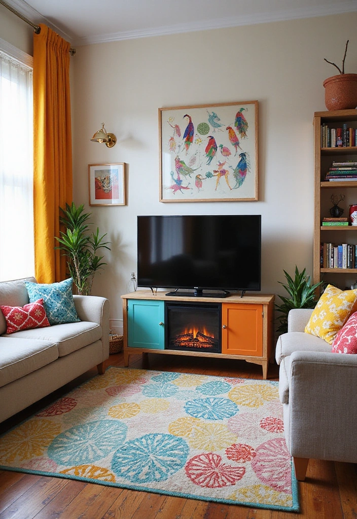 27 Small Living Room Ideas with TV and Fireplace - 21. Playful Patterns