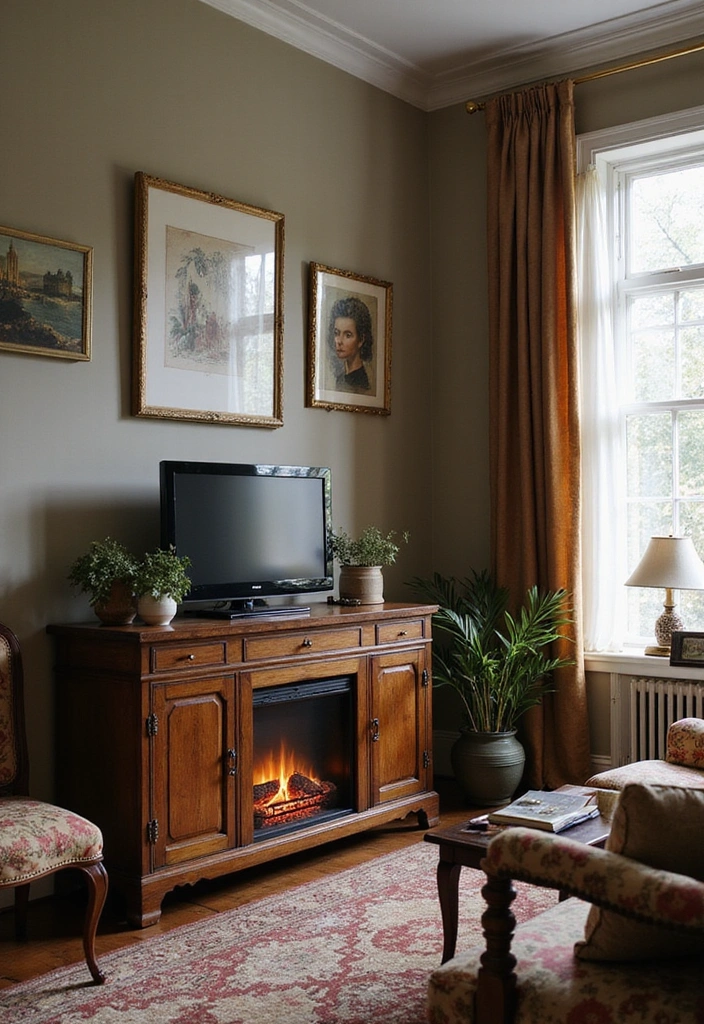27 Small Living Room Ideas with TV and Fireplace - 6. Vintage Vibes