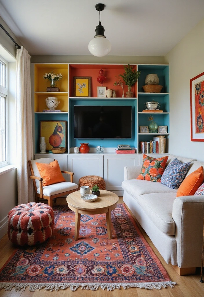 27 Small Living Room Ideas with TV and Fireplace - 7. Colorful Accents
