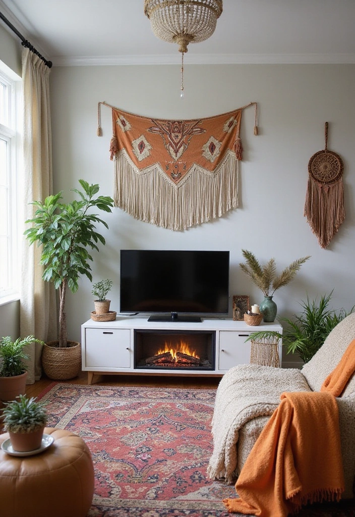 27 Small Living Room Ideas with TV and Fireplace - 9. Soft Bohemian
