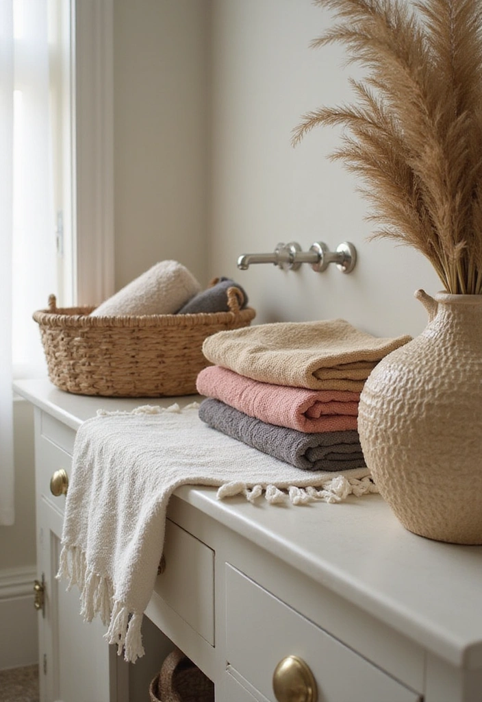 28 Bathroom Counter Decor Ideas - 6. Cozy Textiles