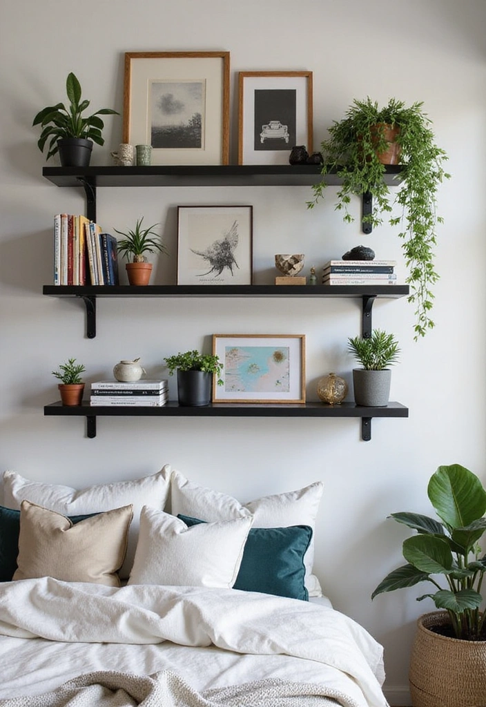 28 Black and Rust Bedroom Ideas for Eclectic Industrial Home Decor - 11. Wall-mounted Shelves