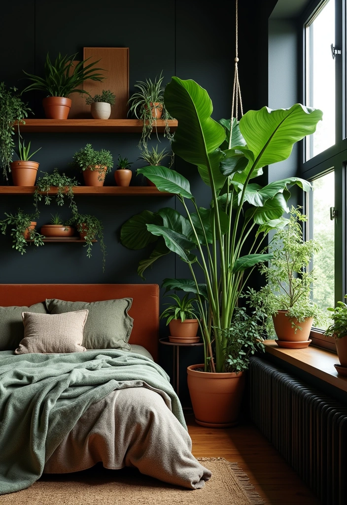 28 Black and Rust Bedroom Ideas for Eclectic Industrial Home Decor - 6. Plants and Greenery
