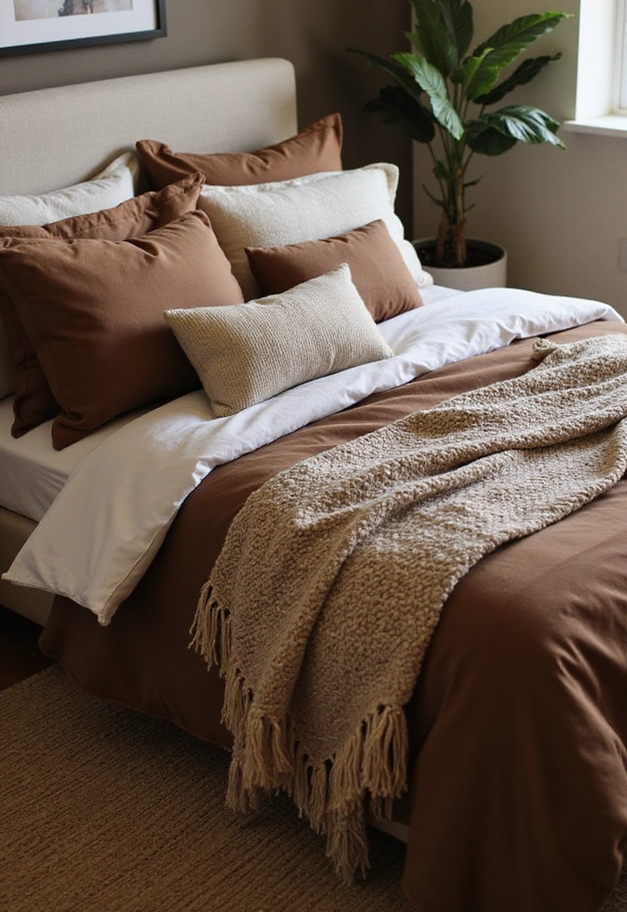 28 Brown Bedroom Ideas: Rustic Charm Awaits - 3. Cozy Textures with Layered Fabrics
