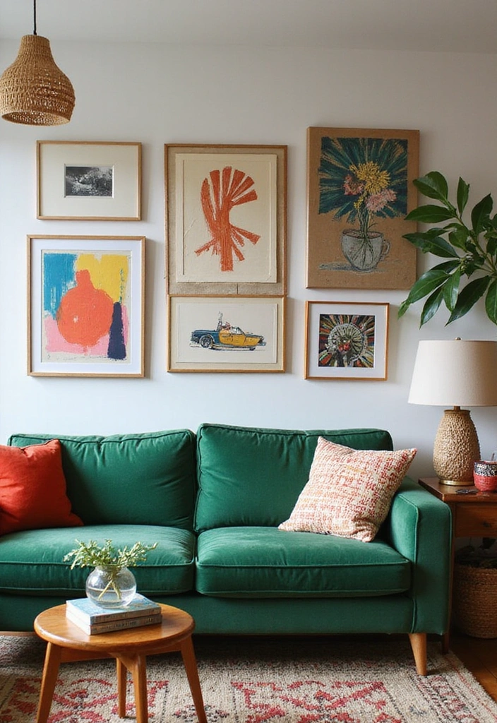 28 Green Couch Living Room Ideas - 10. Artistic Expression