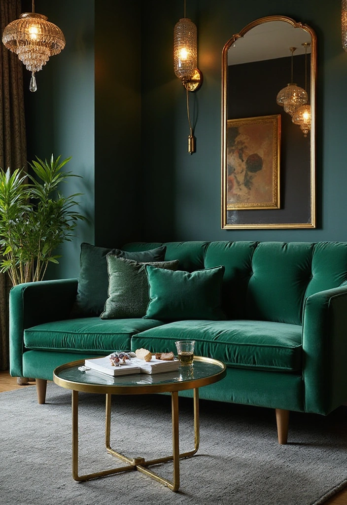 28 Green Couch Living Room Ideas - 12. Glamorous Touch
