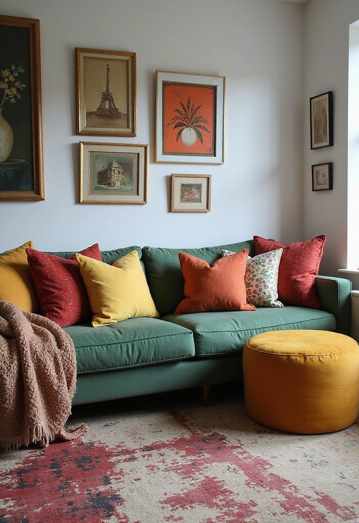 28 Green Couch Living Room Ideas - 14. Artistic Layering