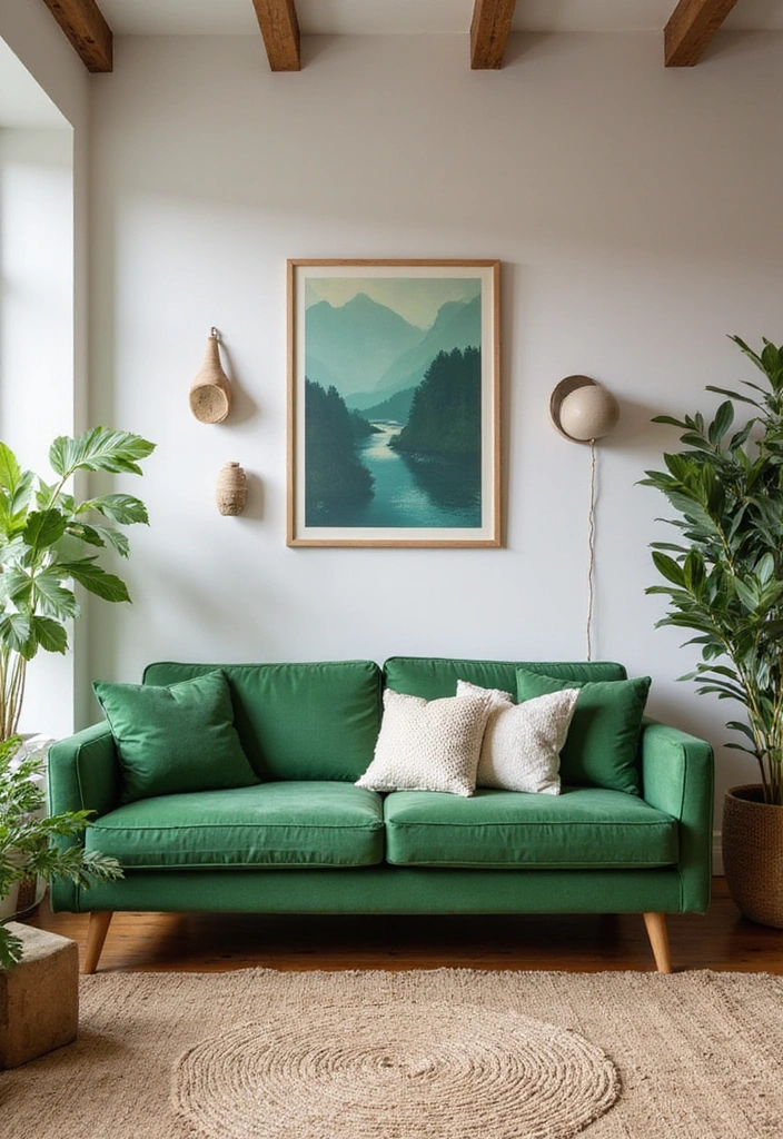 28 Green Couch Living Room Ideas - 15. Sustainable Style