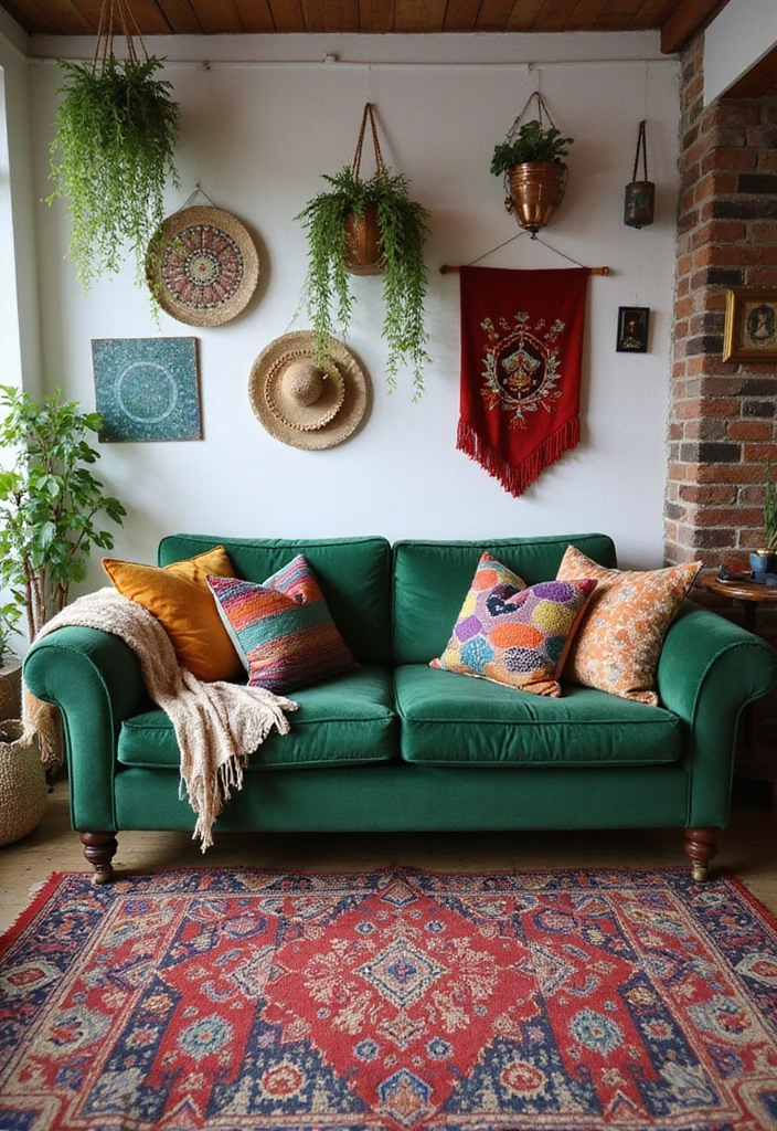 28 Green Couch Living Room Ideas - 2. Cozy Bohemian Retreat