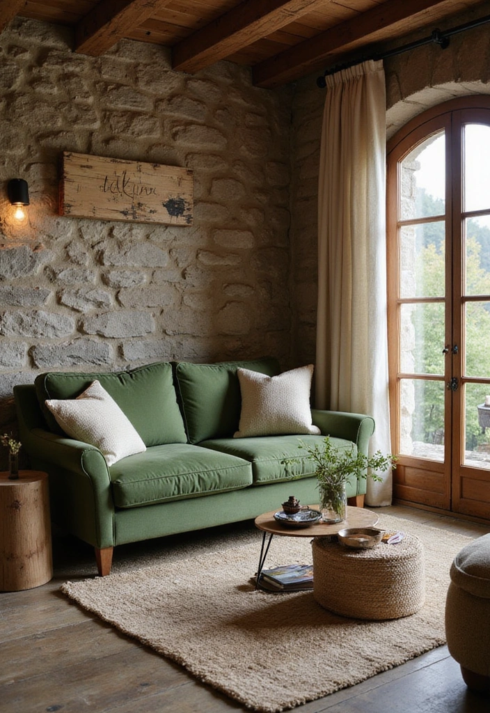 28 Green Couch Living Room Ideas - 3. Rustic Charm
