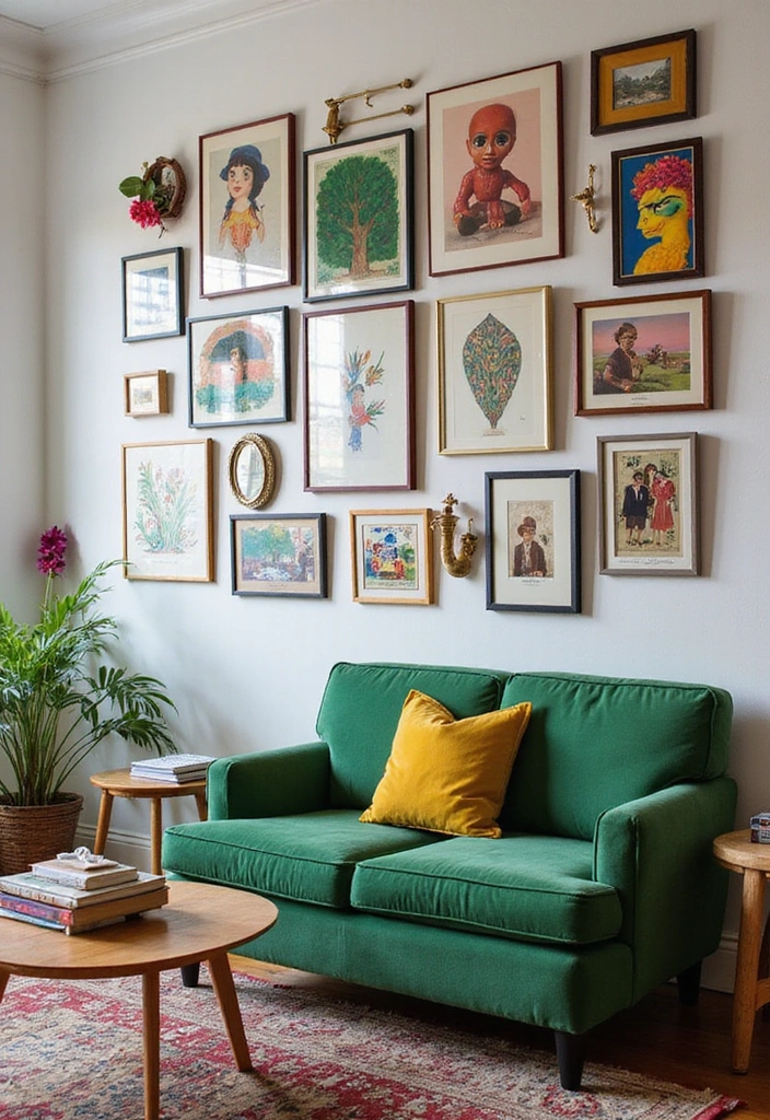 28 Green Couch Living Room Ideas - 4. Eclectic Gallery Wall