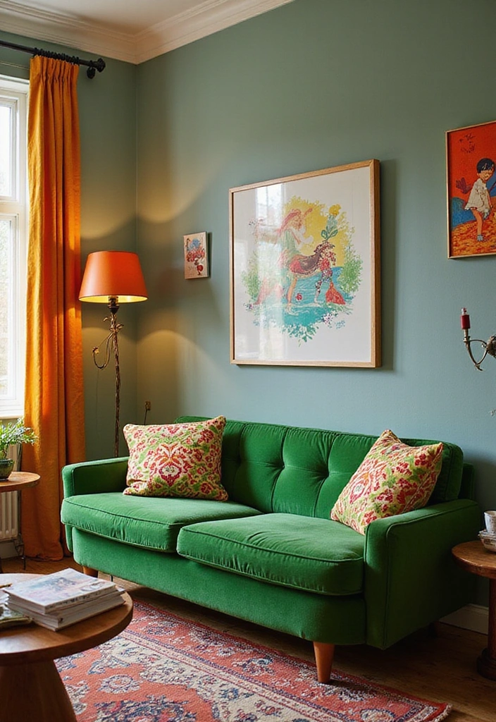 28 Green Couch Living Room Ideas - 6. Retro Revival