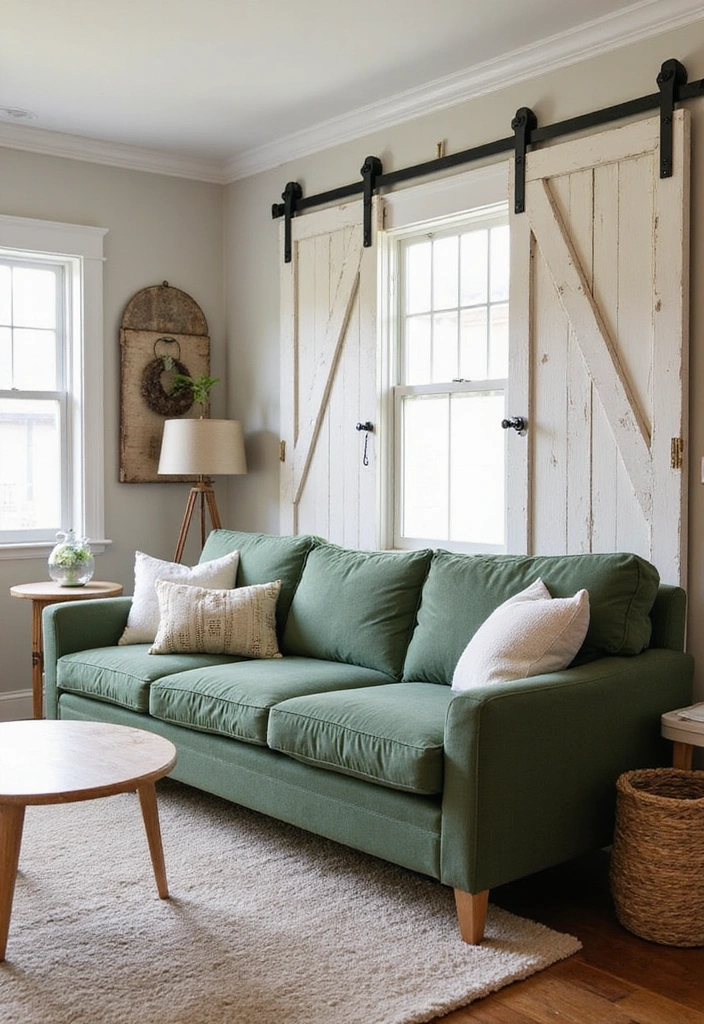 28 Green Couch Living Room Ideas - 7. Farmhouse Fresh