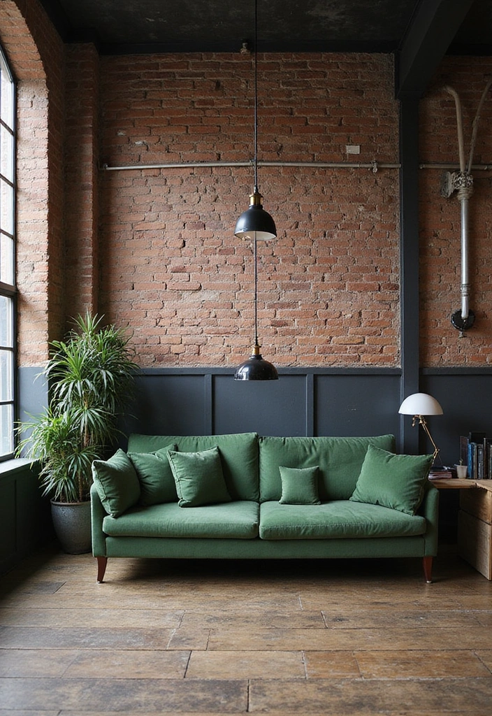 28 Green Couch Living Room Ideas - 9. Industrial Edge