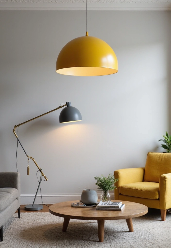 28 Grey and Yellow Living Room Ideas - 13. Statement Lighting Fixtures