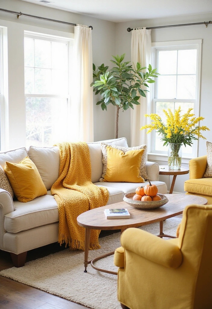 28 Grey and Yellow Living Room Ideas - 15. Seasonal Decor Updates