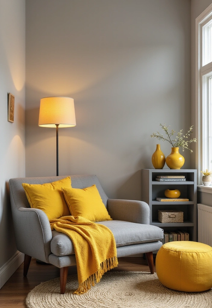 28 Grey and Yellow Living Room Ideas - 2. Cozy Corner Nook