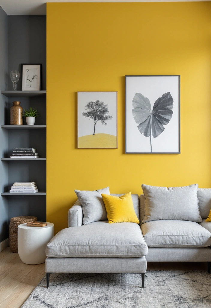 28 Grey and Yellow Living Room Ideas - 3. Stylish Accent Wall