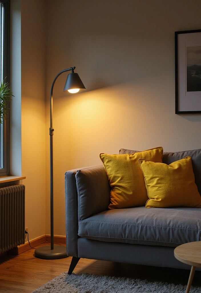 28 Grey and Yellow Living Room Ideas - 4. Warm Lighting Touch
