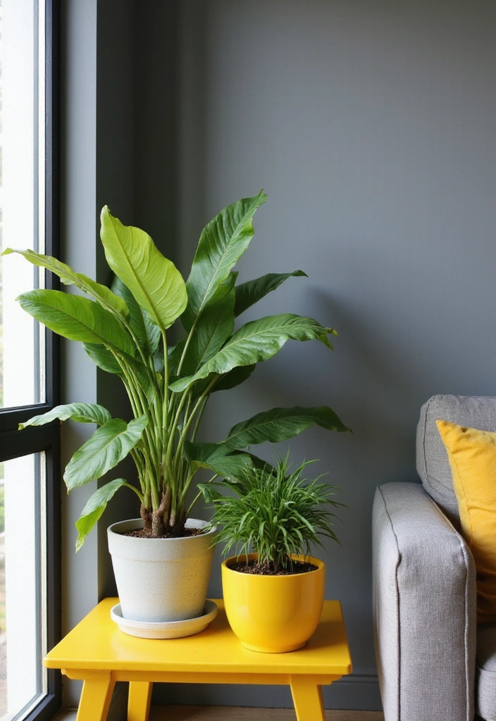 28 Grey and Yellow Living Room Ideas - 7. Greenery Accents
