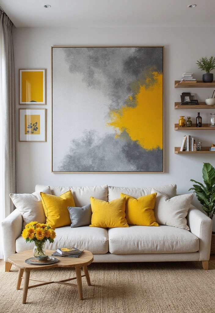 28 Grey and Yellow Living Room Ideas - 8. Artistic Wall Decor