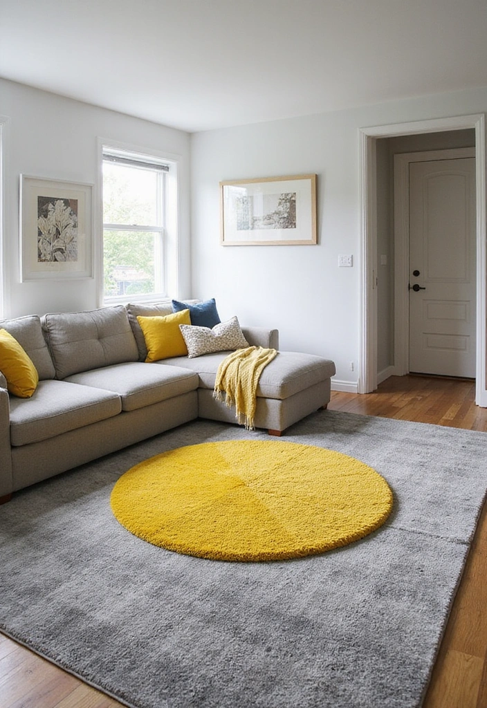 28 Grey and Yellow Living Room Ideas - 9. Layered Rugs