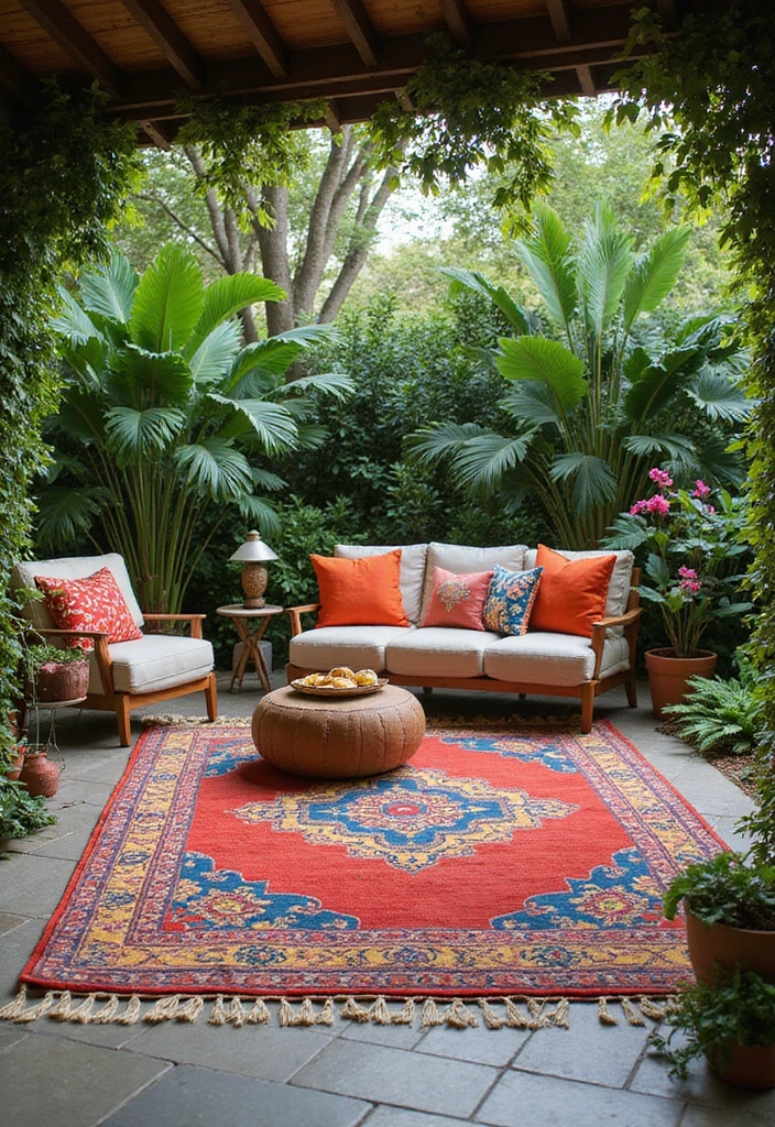 21 Simple Front Yard Landscaping Ideas for Tropical Outdoor Spaces - 11. Outdoor Rugs