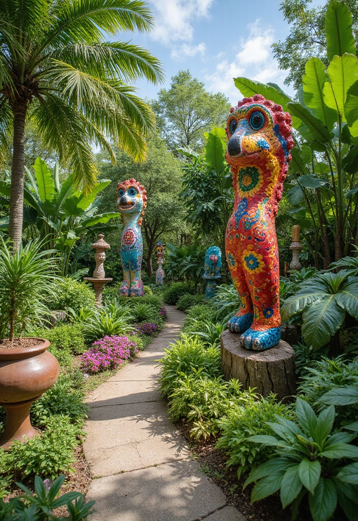 21 Simple Front Yard Landscaping Ideas for Tropical Outdoor Spaces - 10. Garden Art Installations