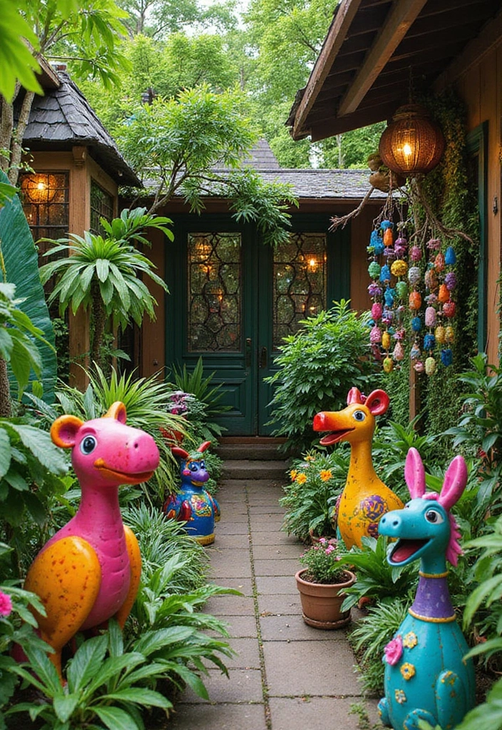 28 Driveway Landscaping Ideas for a Tropical Garden Design - 6. Colorful Garden Art